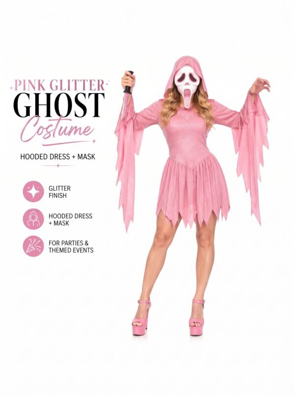 IMG_3864.JPG_2K_20260928173454 Women’s Pink Glitter Ghost Costume with Hooded Dress & Mask – Halloween Cosplay Outfit