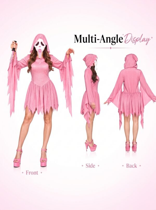 IMG_3865.JPG_2K_20260928173543 Women’s Pink Glitter Ghost Costume with Hooded Dress & Mask – Halloween Cosplay Outfit