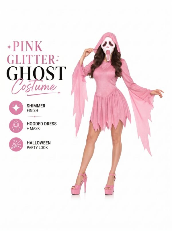 IMG_3866.JPG_2K_20260928173920 Women’s Pink Glitter Ghost Costume with Hooded Dress & Mask – Halloween Cosplay Outfit