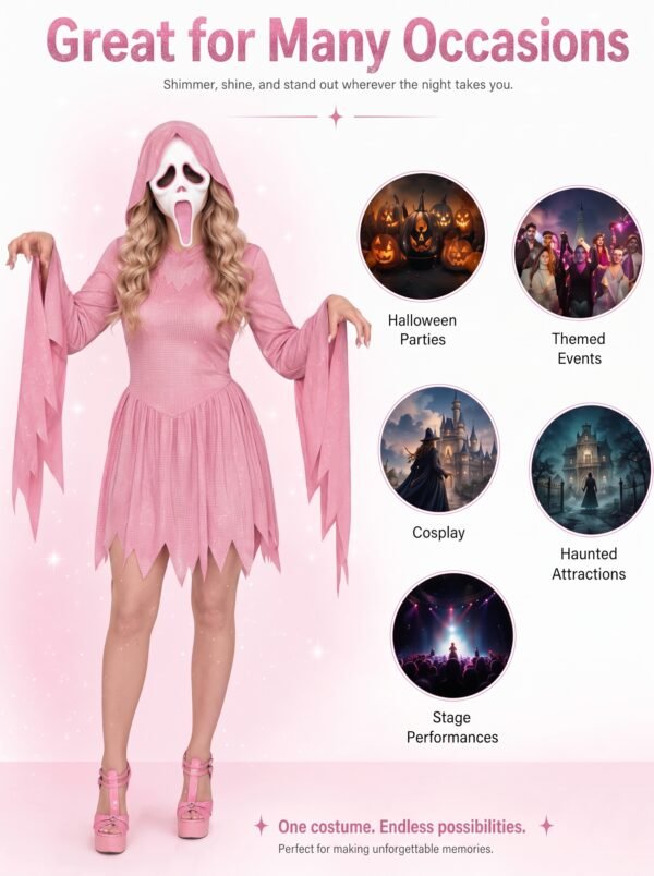 IMG_3867.jpg_2K_20260928174314 Women’s Pink Glitter Ghost Costume with Hooded Dress & Mask – Halloween Cosplay Outfit