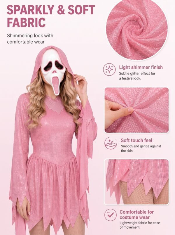 IMG_3870.jpg_2K_20260928174529 Women’s Pink Glitter Ghost Costume with Hooded Dress & Mask – Halloween Cosplay Outfit