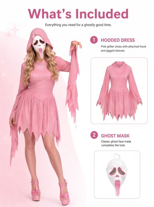 IMG_3872.jpg_2K_20260928174942 Women’s Pink Glitter Ghost Costume with Hooded Dress & Mask – Halloween Cosplay Outfit